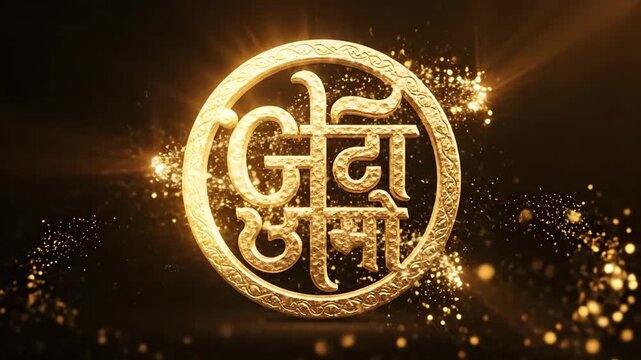 A golden 3d rendering of the hindi text jai dada guru with sparkling particles on a black background guru nanak jayanti