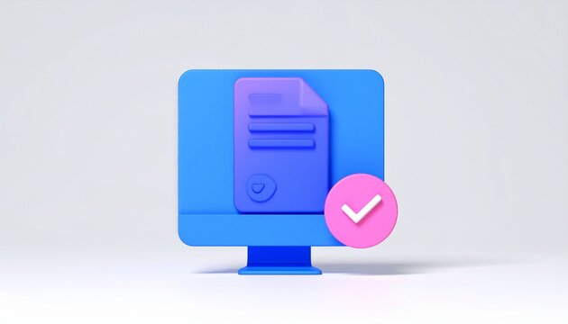 3d icon of cumputer with file with pink check mark, illustration of task done succesfully