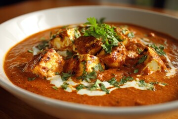 Fototapeta premium Indulge in the rich flavors of paneer butter masala garnished with fresh coriander in a cozy dining setting