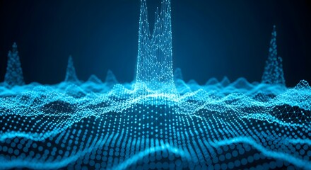 Abstract visualization of a digital wave or data stream, with glowing blue particles forming peaks and troughs on a dark background, representing technology and information flow