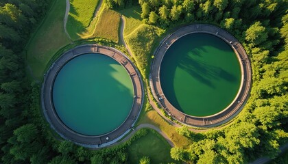 Aerial shot shows two round reservoirs with green water. Tanks stand amid dense green forest. Facilities present modern water management. Path crosses grassy areas. Waterworks located in natural area.