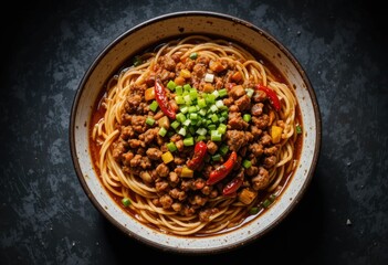 Fototapeta premium Savory Noodle Bowl: A delectable bowl of noodles with a rich, flavorful sauce and artful garnish, presented on a dark, textured surface, evokes a sense of culinary delight.