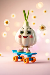 Playful Cartoon Garlic on Skateboard Surrounded by Daisies Against Soft Pink Bokeh Backdrop