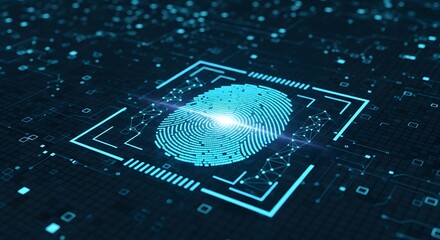 Digital fingerprint scan on a futuristic circuit board, representing biometric security and data protection in a technological world