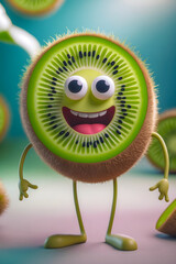 Playful Cartoon Kiwi with Fuzzy Texture and Bright Green Inside on Blurred Backdrop