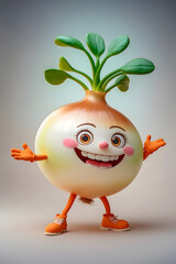 Playful Cartoon Onion with Sprouts, Gloved Hands, and Friendly Expression on Soft Gradient Backdrop
