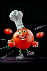 Cheerful 3D Tomato Chef Character Holding Tomatoes with White Hat on Black Background
