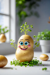 Cheerful Potato Character with Sprouts and Blue Eyes in Warm Kitchen with Natural Light