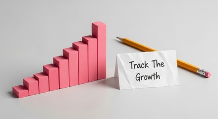 Pink block chart alongside pencil and paper tracking growth