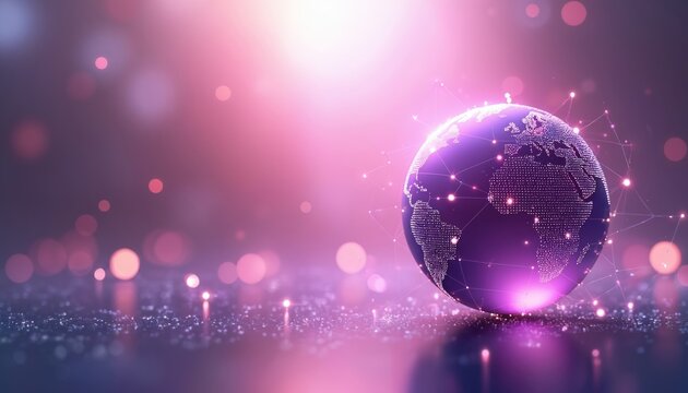 Globe with dot pattern glows in pink, purple shades. Earth model reflects innovation, connectivity. Global network with node connection, light effects. Digital world map visualizes future tech.