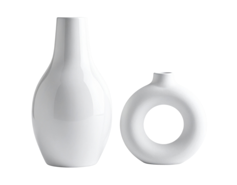 Elegant white ceramic flower vases duo isolated on transparent background