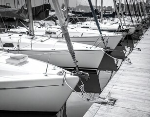 Monochrome Row of Sailboats Docked at a Marina