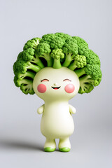 Playful Cartoon Broccoli with Happy Expression Against Soft Gray Backdrop