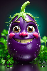 Glossy 3D Eggplant Character with Parsley and Water Droplets on Dark Green Background with Cheerful Expression