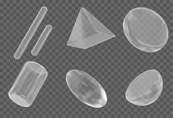 3d set glass transparent geometric shape: Oval, Sphere, Cylinder, Circle, Capsule, Pyramid. Simple figures with grid for your design. Stock vector illustration on isolated background.