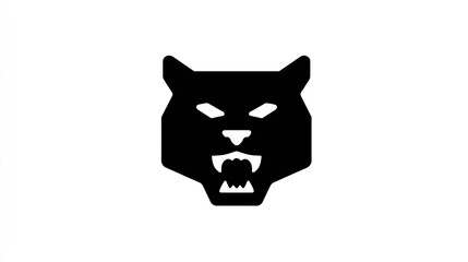 Black icon of a snarling feline head with squared features on a stark white field
