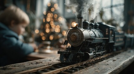 Child plays with classic model train emitting smoke on track beside warm sparkling Christmas lights.