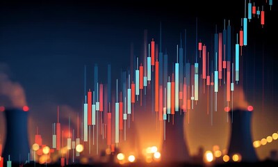 Abstract financial stock market candlestick chart overlayed on a blurred industrial power plant landscape at dusk with glowing lights and smoke plumes - Powered by Adobe