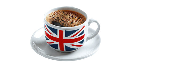 British style coffee cup with Union Jack flag design isolated on transparent background