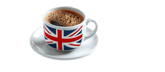 British style coffee cup with Union Jack flag design isolated on transparent background