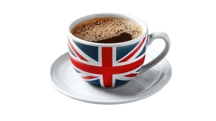 British style coffee cup with Union Jack flag design isolated on transparent background