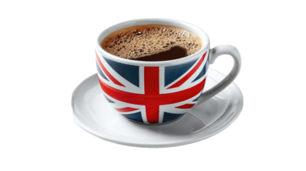 British style coffee cup with Union Jack flag design isolated on transparent background