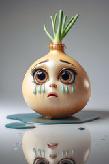 Onion Character with Teary Eyes and Green Shoots Sitting on Reflective Surface with Gray Background