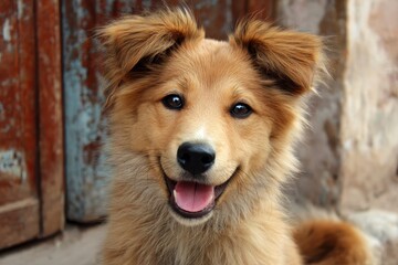 Happy puppy dog smiling with a joyful expression in front of a rustic background on a sunny day