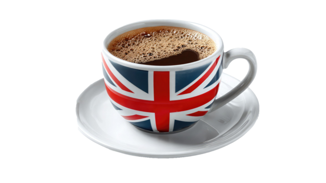 British style coffee cup with Union Jack flag design isolated on transparent background