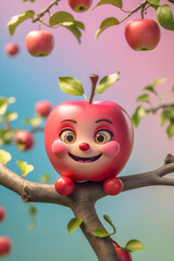Smiling Cartoon Apple Character on Tree Branch with Bright Expression on Gentle Pastel Gradient