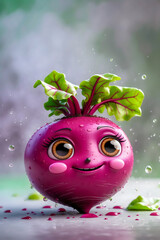 Playful Cartoon Beetroot with Glossy Texture and Bright Green Leaves on Blurred Green-Gray Backdrop