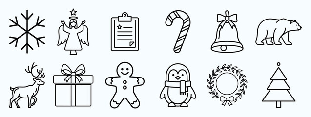 Minimalist Christmas line art icons: snowflake angel clipboard candy cane bell polar bear reindeer gift gingerbread penguin wreath tree