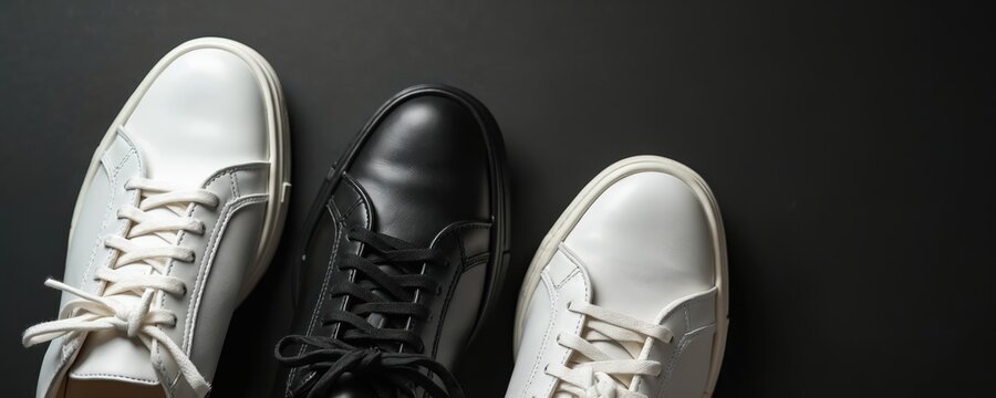 Black and white leather sneakers isolated on black backdrop. Modern footwear of two colors with laces. Casual style shoes for fashion design. New product for sale. - Powered by Adobe