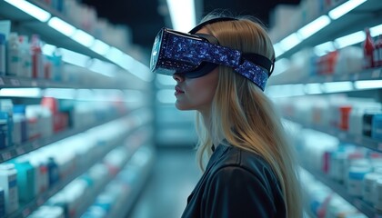 Woman uses VR headset in pharmacy aisle looking at virtual products. shopper exploring medicine options via augmented reality. Tech blends with health.