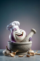 Cheerful Garlic Character Wearing Chef Hat Holding Pestle in Mortar on Gradient Background