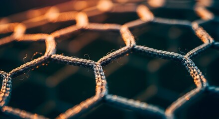 Close-up view of a metal mesh structure with hexagonal patterns and warm lighting.