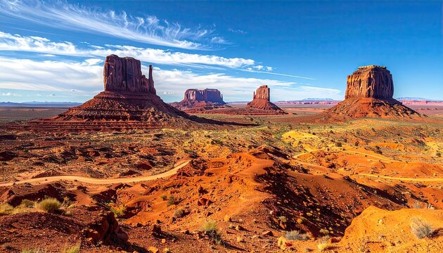 Monument Valley Vista with Red Rock Buttes and Sparse Vegetation Under a Clear Blue Sky Landscape in Arizona United States