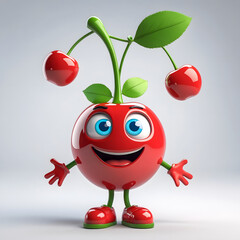 Playful 3D Cartoon Cherry Character with Green Shoes and Expressive Eyes on Light Gray Background