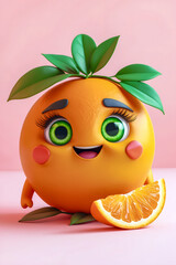 Cheerful 3D Cartoon Orange with Leafy Top Posed Beside Sliced Glossy Orange on Light Pink Backdrop