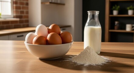 Eggs milk and flour in a bowl and bottle on a wooden table