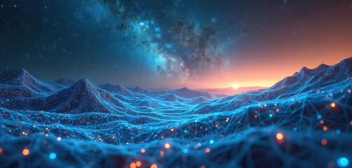 Sci-fi landscape with wireframe terrain, starry sky. Polygonal mesh on mountain range. Glowing dots, network lines connect future world with virtual reality. Abstract tech concept visualisation of