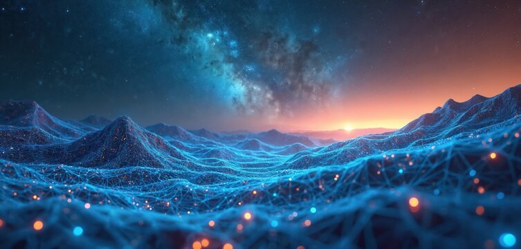 Sci-fi landscape with wireframe terrain, starry sky. Polygonal mesh on mountain range. Glowing dots, network lines connect future world with virtual reality. Abstract tech concept visualisation of - Powered by Adobe
