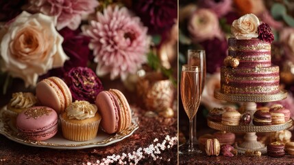 Festive display showcases glitter cake, champagne flutes, pink macarons, sweet cupcakes, roses.