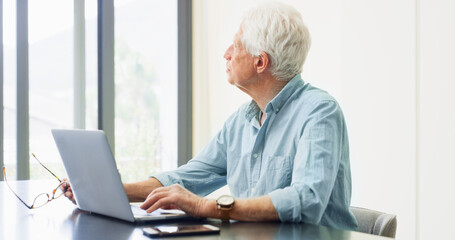 Old man, thinking and laptop in house for retirement planning, pension policy and finance...