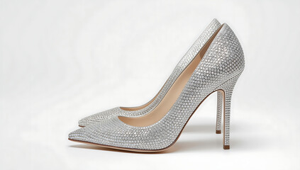 Elegant sparkly silver high-heeled shoes adorned with intricate details placed on clean white background, representing luxury fashion, glamour, and feminine sophistication
