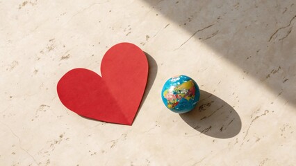 Red paper heart and small world globe on white marble,global love and earth care concept.