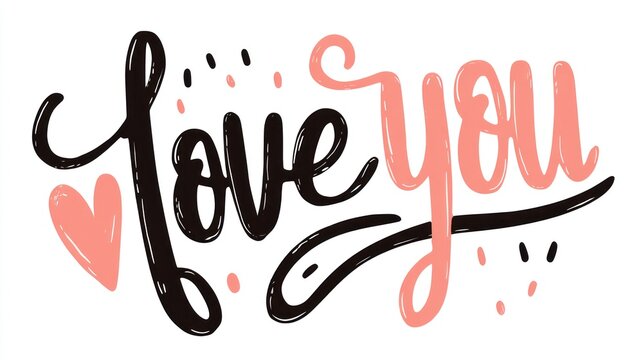 Ornate cursive letters say "Love you" with a pink heart on a white background