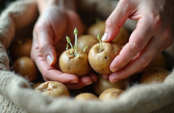 Hands hold sprouted potato in sack. Roots show plant life cycle, fresh harvest, natural food cultivation. Home gardener inspects spuds for seasonal growth and storage at farmhouse.