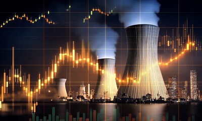 Illuminated industrial cooling towers and cityscape overlayed with financial stock market candlestick charts and grids symbolizing economic growth and energy sector performance - Powered by Adobe