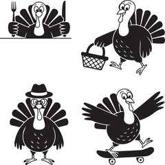 Turkey Silhouettes Collection: Eating, Basket, Fedora, Skateboard, Thanksgiving Theme